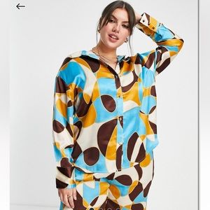 ASOS x Neons Rose Plus Wide Leg Satin shirt in 70s Retro Print